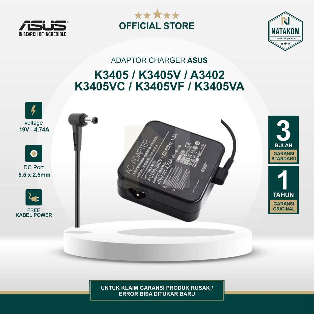 ADAPTOR CHARGER ASUS VIVOBOOK K3405 K3405V A3402 K3405VC K3405VF K3405VA 4,47A FREE KABEL