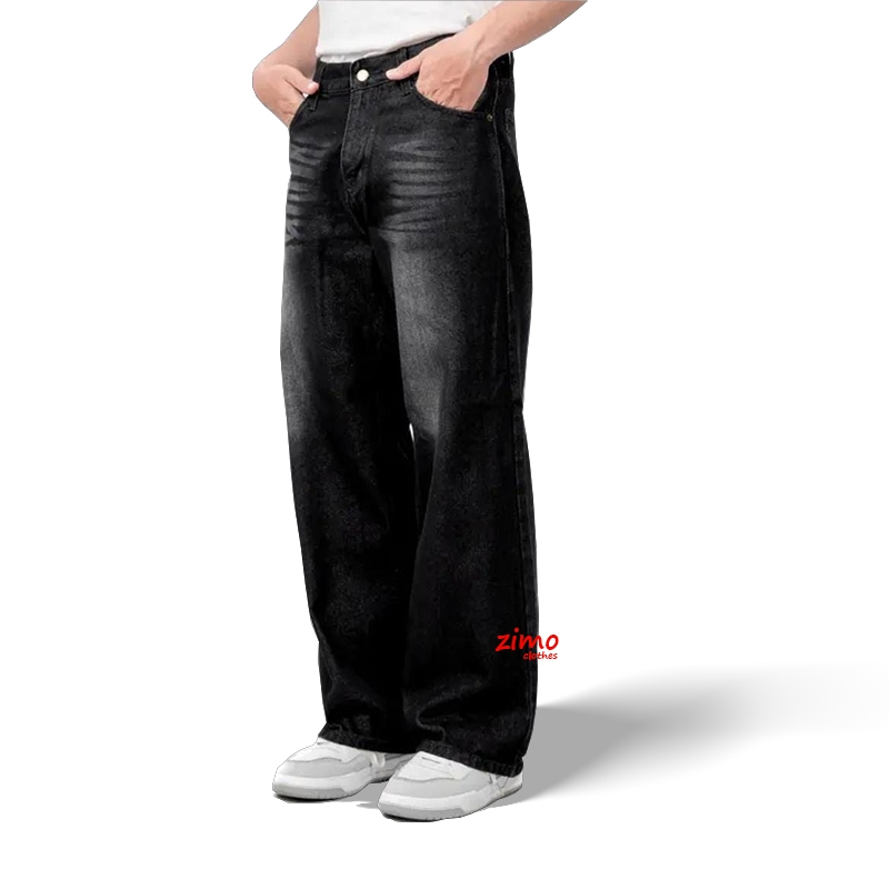 Celana jeans pria baggy pants korean style oversize Black Washed jeans straight kulot panjang pria