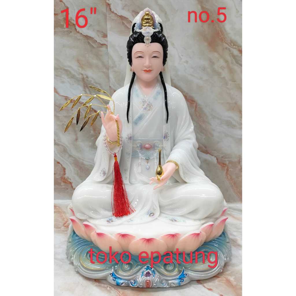 patung dewi kwan im / kwan in / kwan yin / guan yin - marmer - 16 inch - slendang - putih list biru 