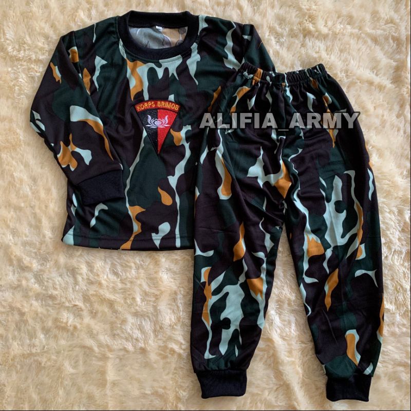 SETELAN KAOS ANAK LENGAN PANJANG LORENG BRIMOB - BAJU SETELAN ANAK UNISEX KIDS ARMY BORDIR