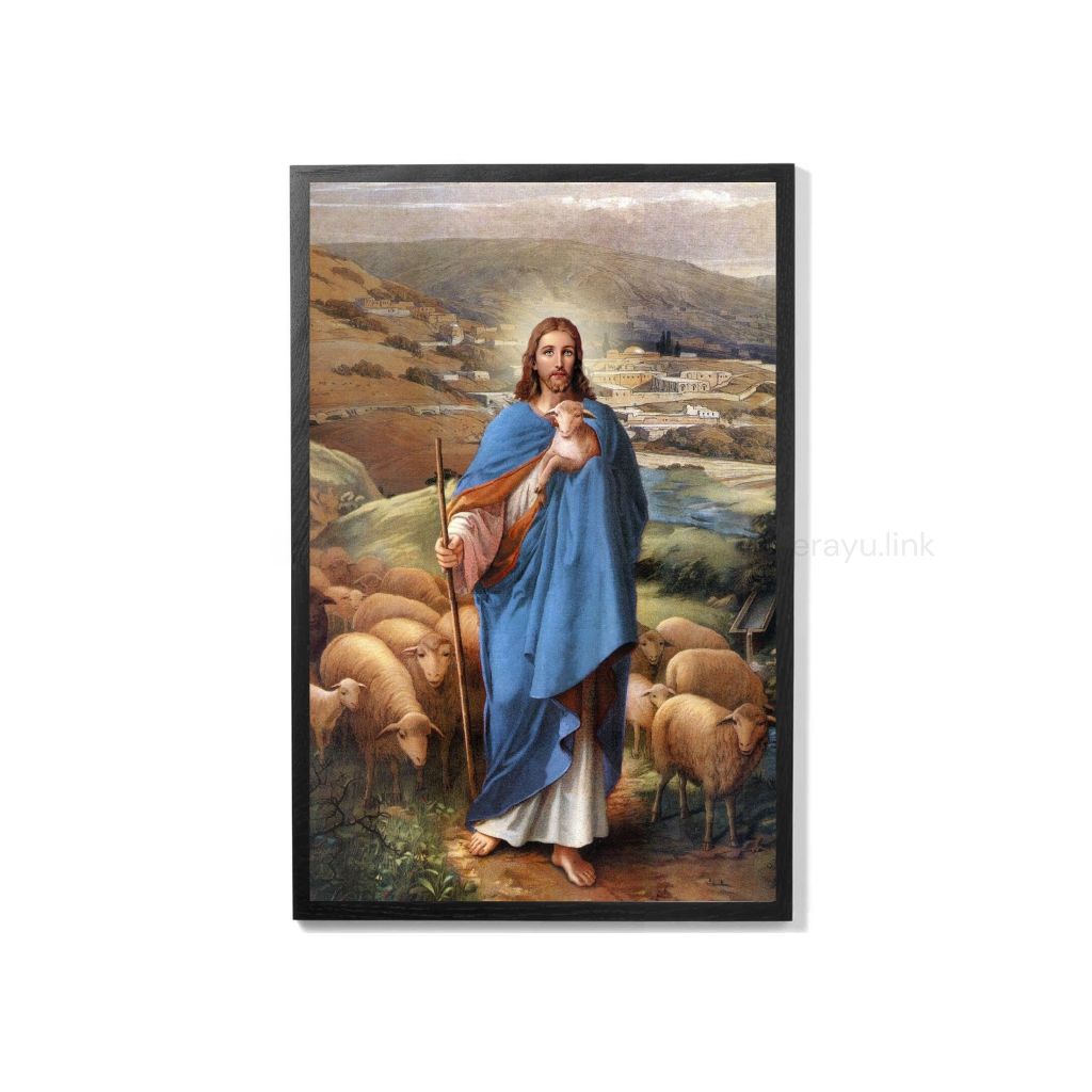 Poster Gambar Yesus Bersama Domba Pajangan Dinding Katolik Bingkai Kayu 3D