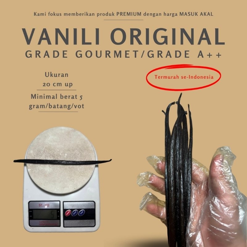 

Vanili Originila Planifolia, Grade Gourmet / Grade A ++, ukuran 20 cm keatas, 500g, 1kg