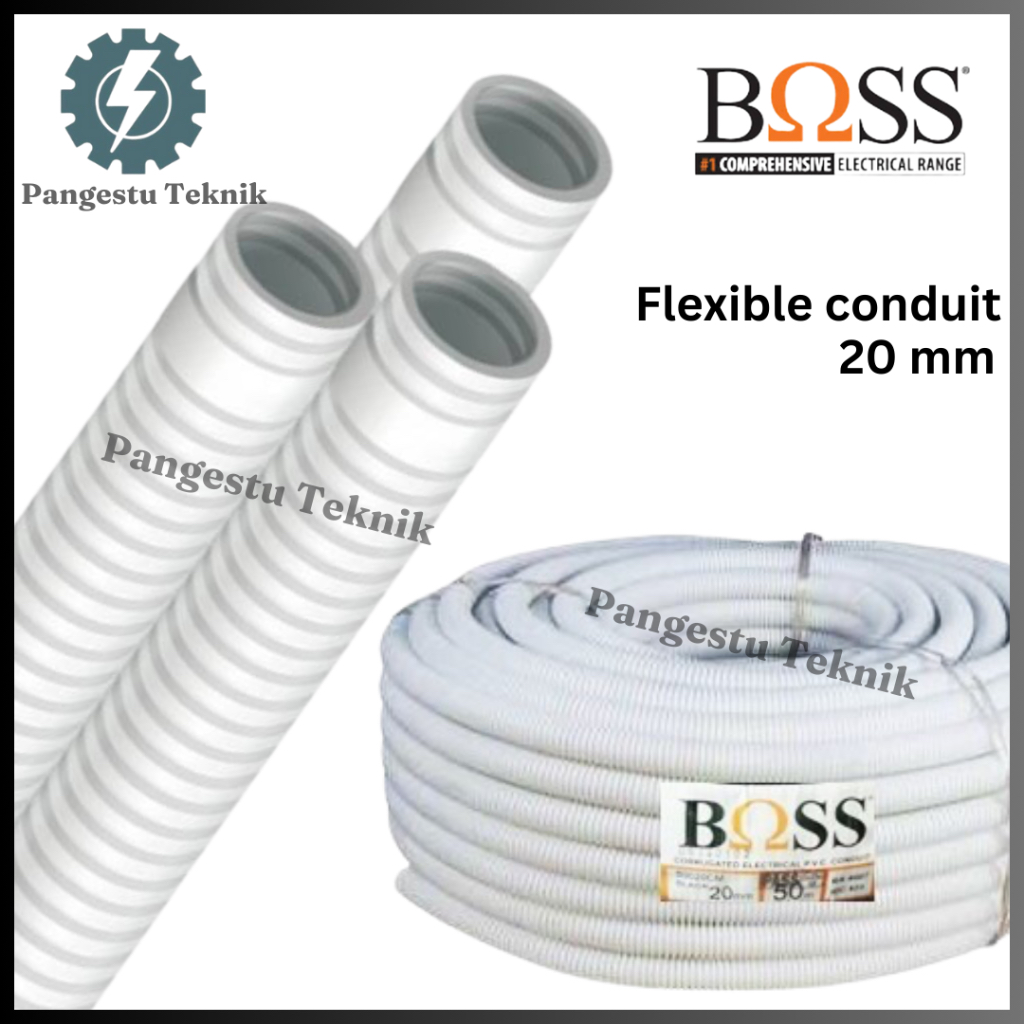 Flexibel Listrik 20mm merk BOSS / Selang Pipa Conduit Listrik / Corugated Pipa Putih Fleksibel / Ece