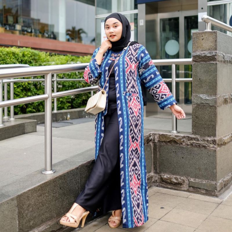 long outwear cardigan muslim wanita batik tenun ethnik