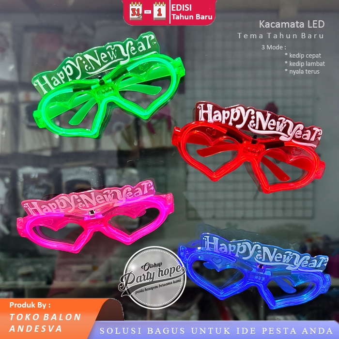 kacamata happy new year led / kacamata tahun baru lampu / kacamata happy new year nyala lampu