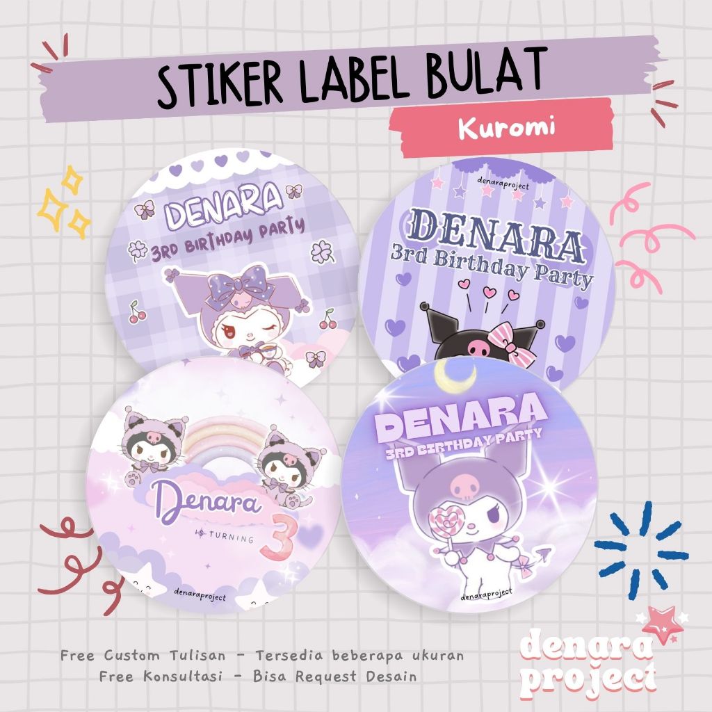 

(50 PCS) Stiker Bulat Custom Bento Hampers Ulang tahun Kuromi Sanrio