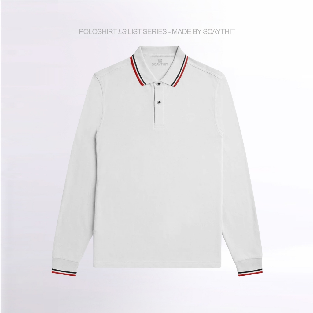 Polo Shirt Kerah Polos Lengan Panjang Pria Wanita Baju Berkerah Warna Putih