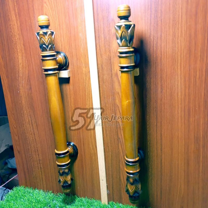 Handle Pintu Rumah Ukir - Gagang Tarikan Pintu 2 Bahan Kayu Jati