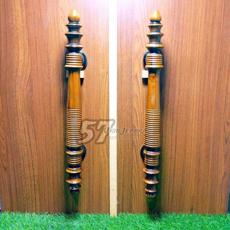 Handle Gagang Tarikan Pintu Rumah Mewah Moderen Motif Ukir Bundar Panjang Bahan Kayu Jati (M 28)