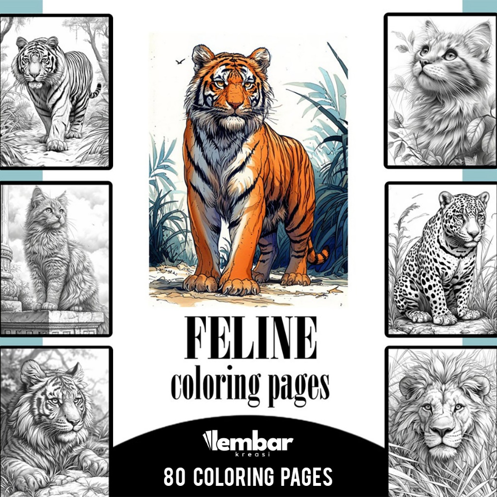 

80 Pages Buku Mewarnai Dewasa - Printable Adult Coloring Book - Digital Download - Tiger Lion Cat