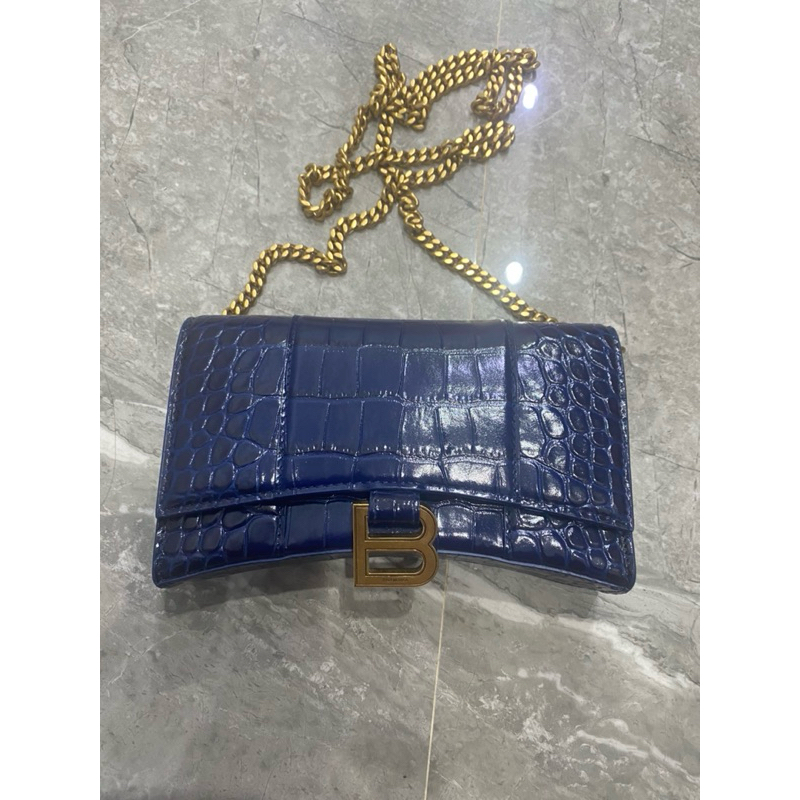 BALENCIAGA Hourglass WOC wallet on chain croco navy - 100% Authentic