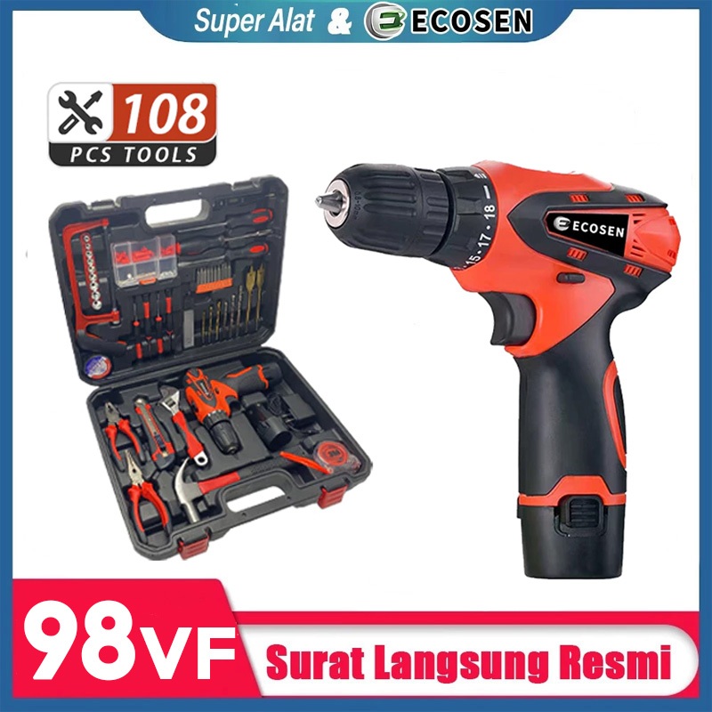 Super Alat Kit Alat Bor Baterai Genggam 98V / Kit Alat Bor Listrik dengan Obeng dan 2 Baterai