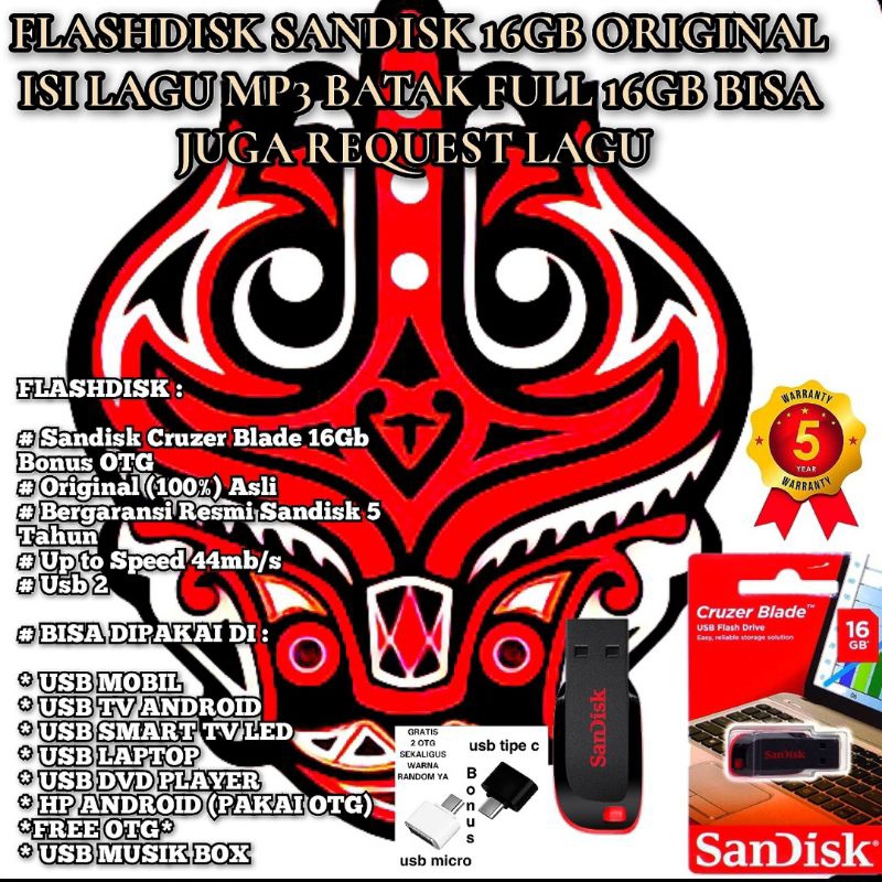 FLASHDISK SANDISK 16GB ISI LAGU MP3 BATAK - FLASHDISK ISI LAGU MP3 MOBIL - FLASHDISK LAGU MP3 BATAK 