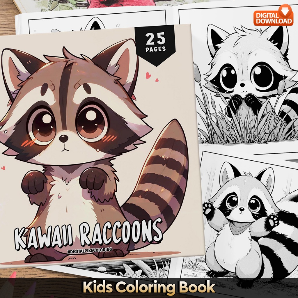 

25 Pages Buku Mewarnai Anak - Digital Download - Printable Kids Coloring Book - Kawaii Raccoon