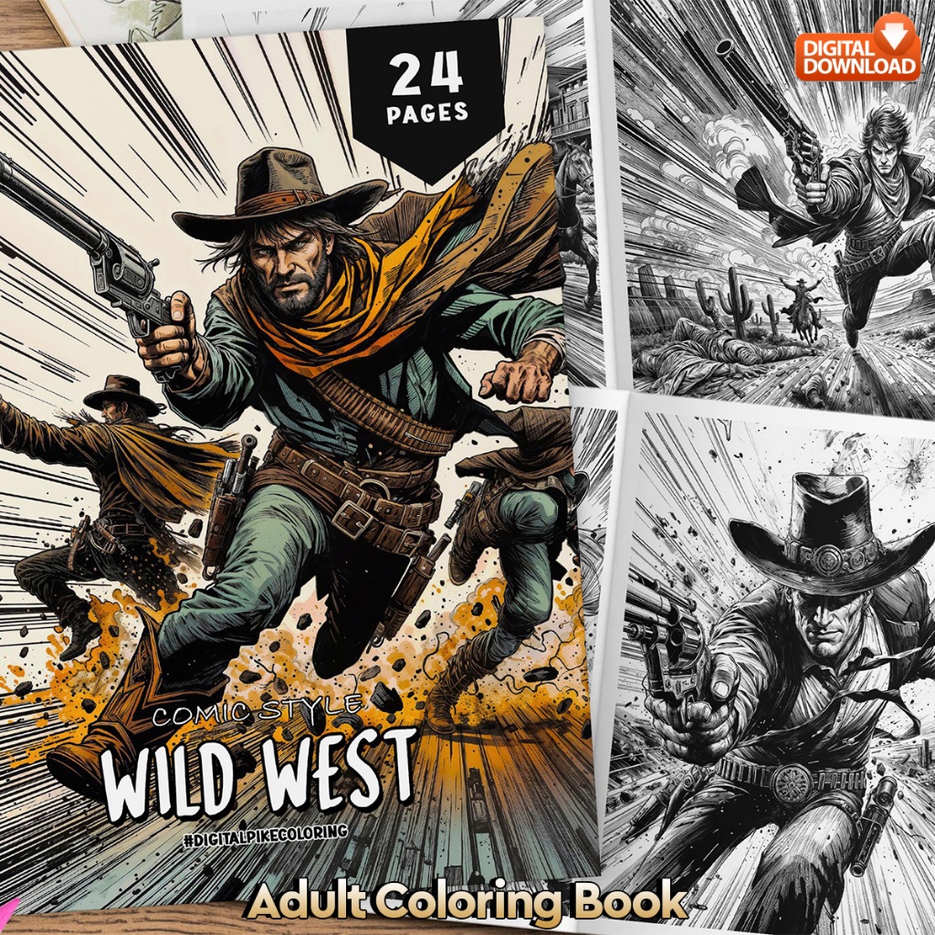 

24 Pages Buku Mewarnai Dewasa - Digital Download - Printable Adult Coloring Book - Wild West Comic