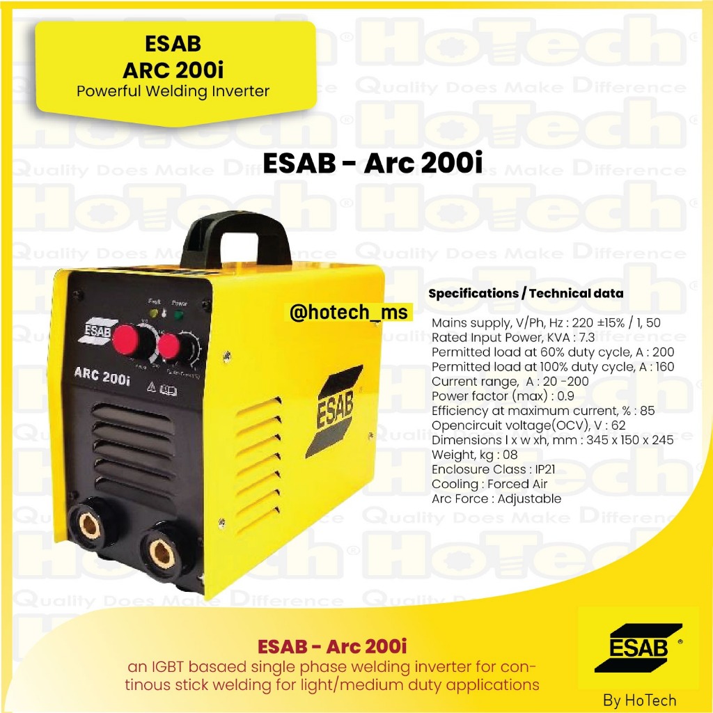 Portable & Heavy Duty Single Phase MMA Inverter Arc 200i | ESAB | Mesin Las Stick MMA Arc 200A | Esa