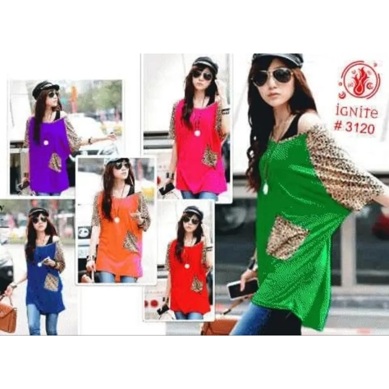 blus leo mix plain sleeve pocket motif leopard Ignite