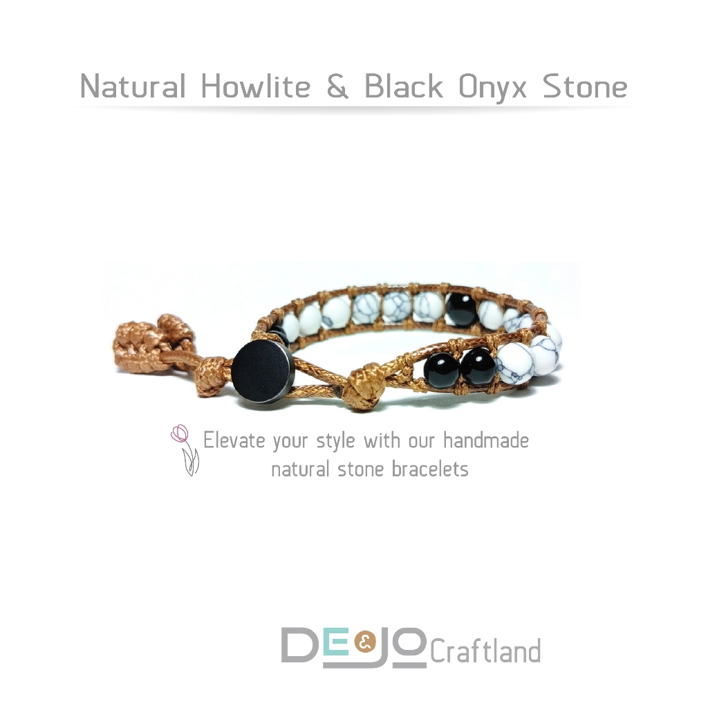 Gelang batu alam asli kombinasi Howlite & Black Onyx
