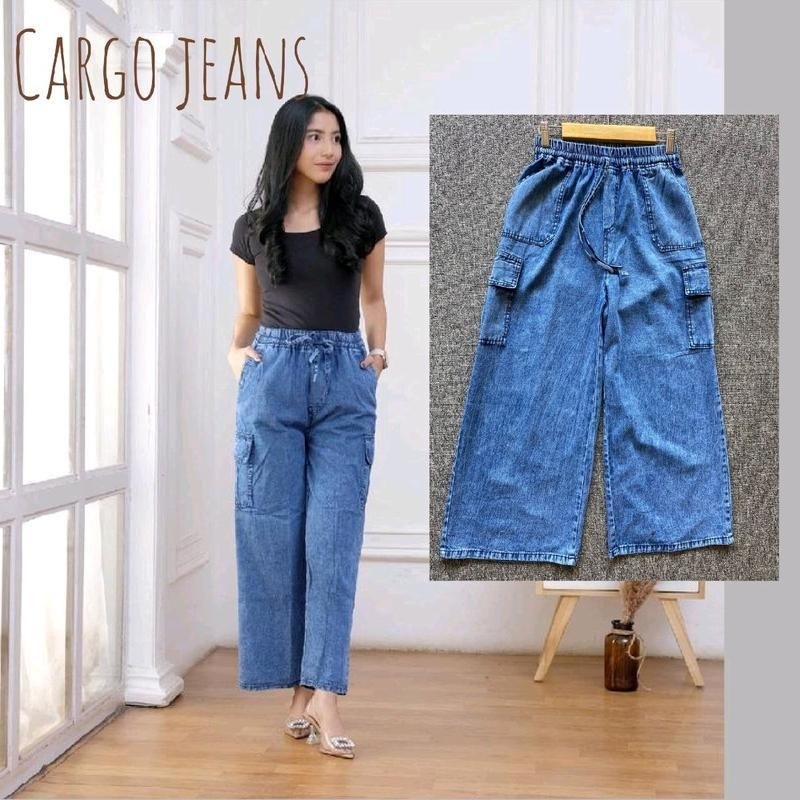Celana Cargo Jeans Wanita Panjang Karet Dewasa