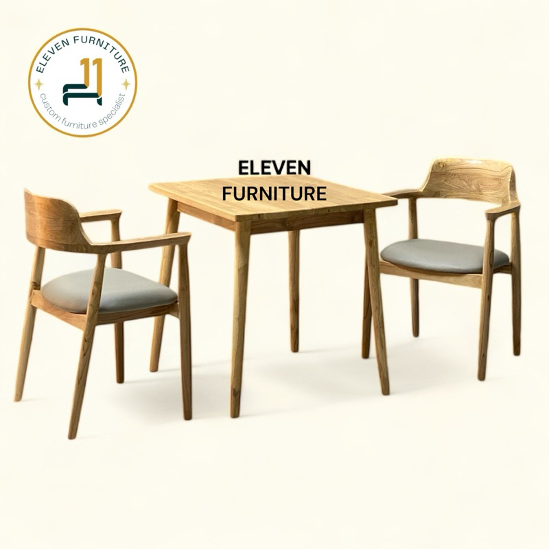 SET MEJA MAKAN 2 KURSI HEROSIMA kayu jati cafe resto minimalis retro korean japandi industrial hotel