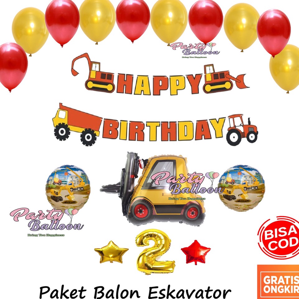 Diskon sd 2 Paket Dekorasi Balon Ulang Tahun Anak Laki Laki Eskavator Set Decor Ultah mobil bangunan