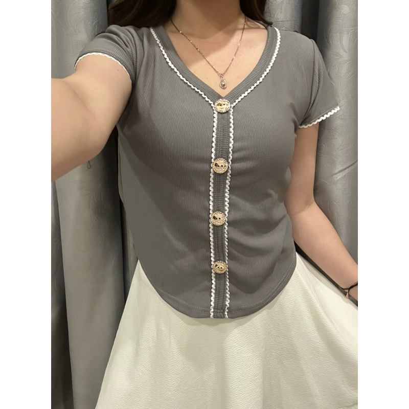 ( ALRIA ) CAMILLA TOP - Knit Wear Baju Atasan Rajut Renda Kancing Wanita Lengan Pendek #13