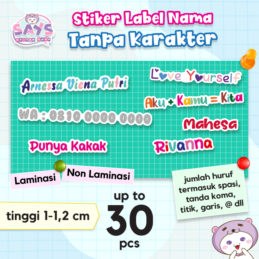 

Stiker Nama Anak Tanpa Karakter Anti Air (Stiker isi 30 pcs)