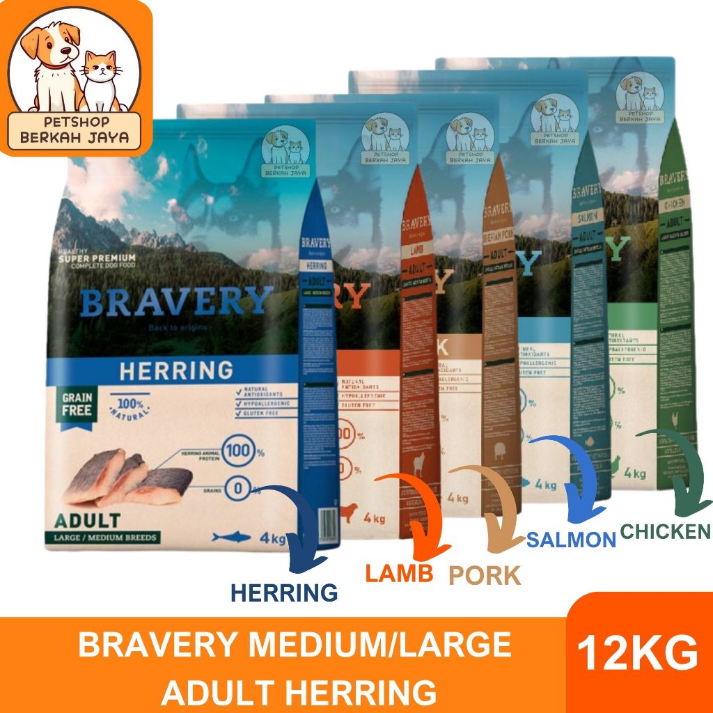 BRAVERY MEDIUM LARGE ADULT 12Kg - Dog Food Makanan Anjing Rasa Chicken Salmon Lamb Iberian Pork Herr