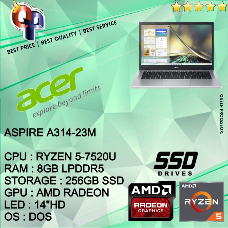 LAPTOP ACER ASPIRE A314 23M** RYZEN 5 7520U 8GB 256GB SSD 14 INCH - R5
