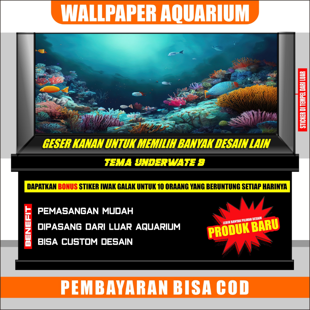sticker aquarium, background aquarium 3d, wallpaper aquarium belakang 3d trumbukarang laut