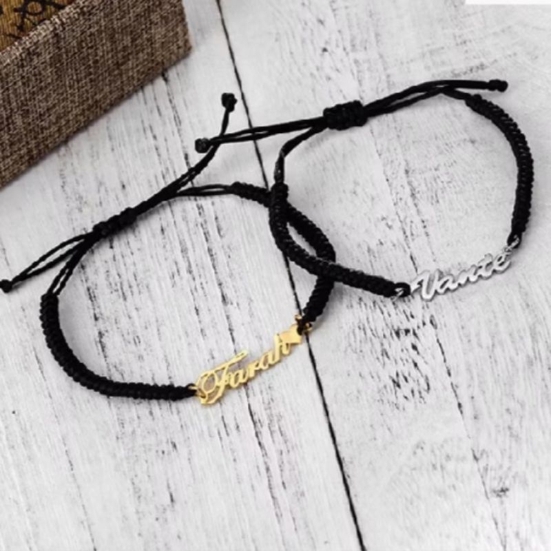 gelang tali nama custom titanium wanita lapis emas