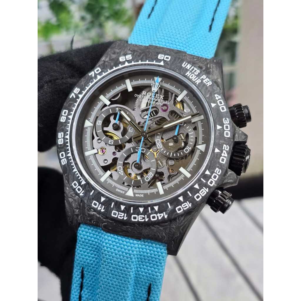 Jam Tangan Rolex Daytona Carbon Swiss Automatic Movement 38mm Clone Quality Blue Dial Black