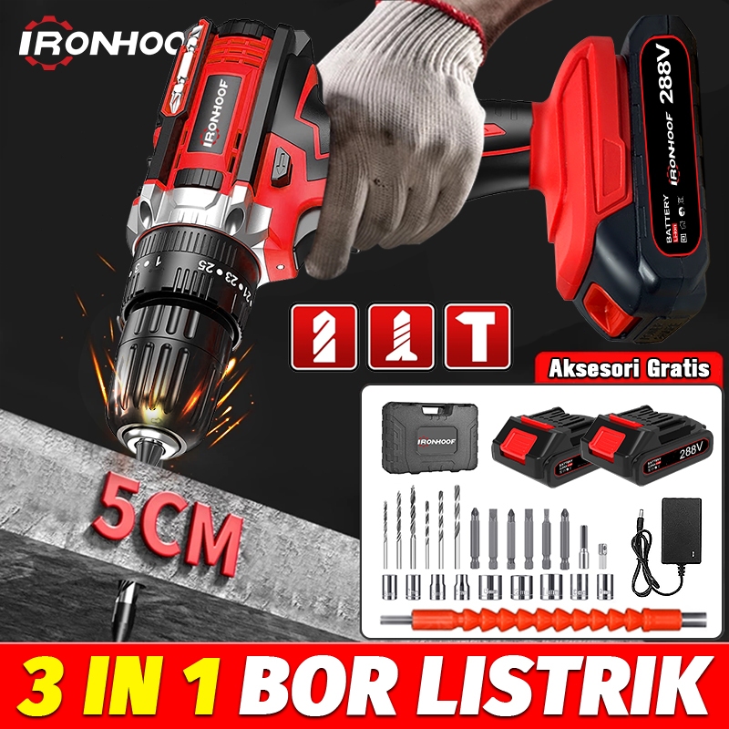 IRONHOOF Bor Listrik Mesin Bor Baterai 288V Cordless Drill Mesin Impact Bor 10MM Bor Baterai cas Kom