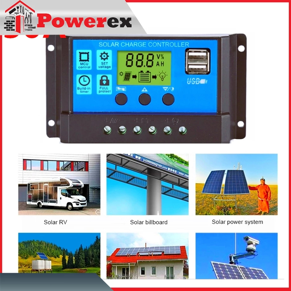 Solar Charge Controller LCD LED Display Solar Cell PWM 10A 20A 30A USB Panel Tenaga LCD Kecerdasan A