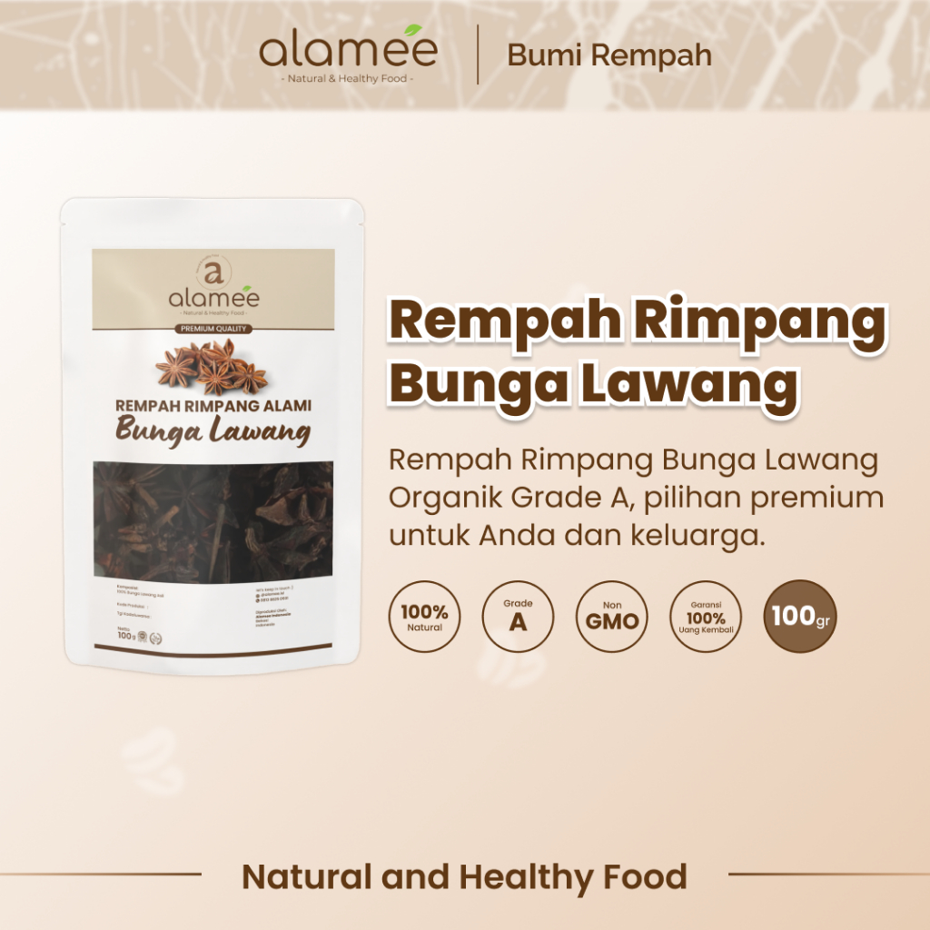 

ALAMEE Bunga Lawang Kering Pekak Star Anise Rempah Organik Alami Bumbu Seasoning Masakan Masak 100gr