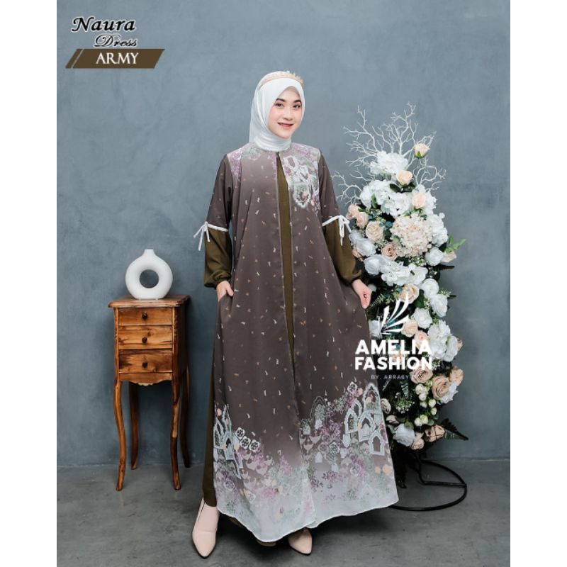 Dress Naura By Amelia/Gamis Crinkle Mic Ceruty/Gamis Wanita Terbaru/Viral/Lebaran