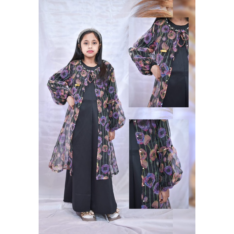 Setelan Outer Organza Motif Bunga & Inner Satin Anak Remaja 5-16 Tahun