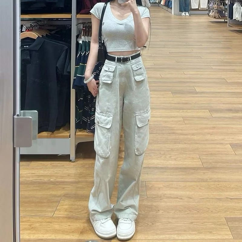 Celana Cargo Panjang Wanita Highwaist Korean - Cargo LULU Denim Pasir Putih