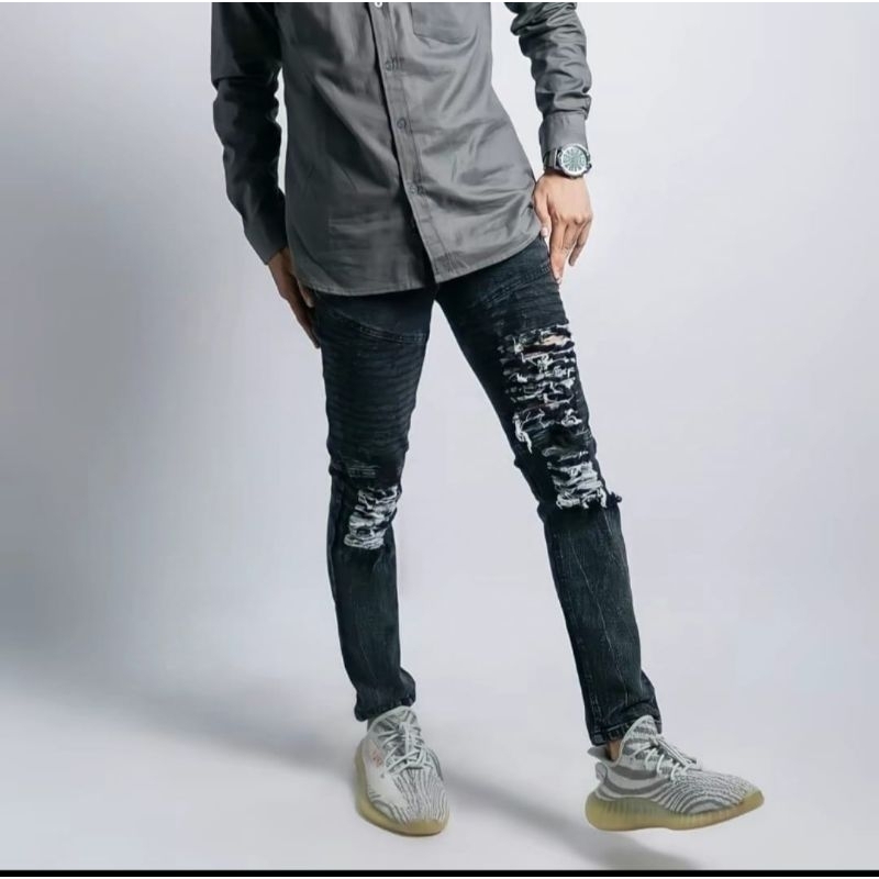 Celana Jeans bikers pria / Celana jeans bikers patch lutut skinny / Celana Jeans bikers
