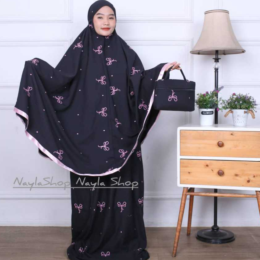 Mukena Dewasa Bordir Ribbon 2in1 Katun Premium Rukuh Remaja Cantik Coquette