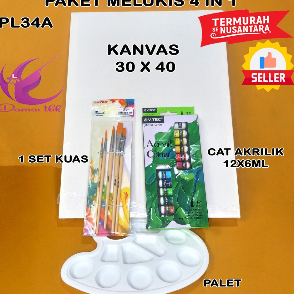 

Paket Laris Paket Melukis Lengkap 4 in 1 Kanvas 3x4 Kuas Palet dan Cat Acrylic