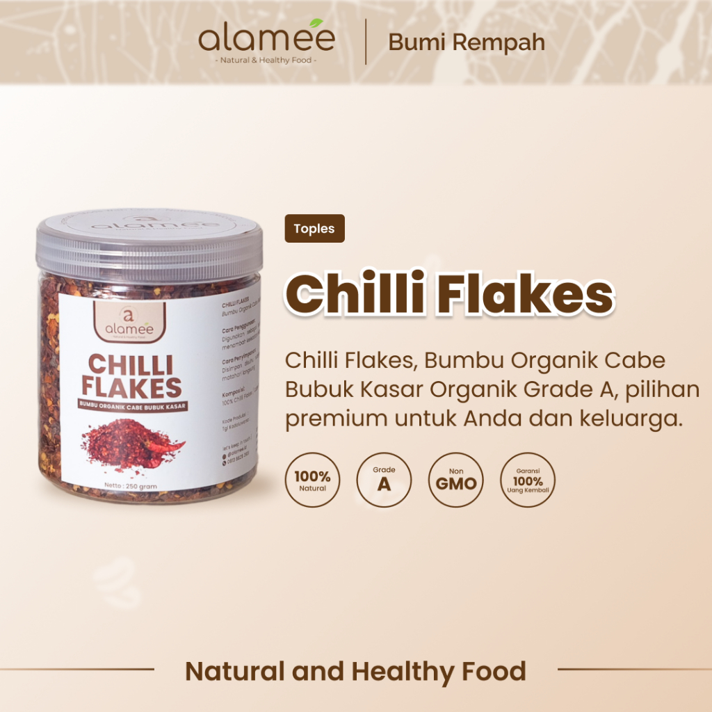 

ALAMEE Cabe Bubuk Kasar Chilli Flakes Cabai Bumbu Dapur Masak Organik Rempah Rimpang Murni Seasoning 50g