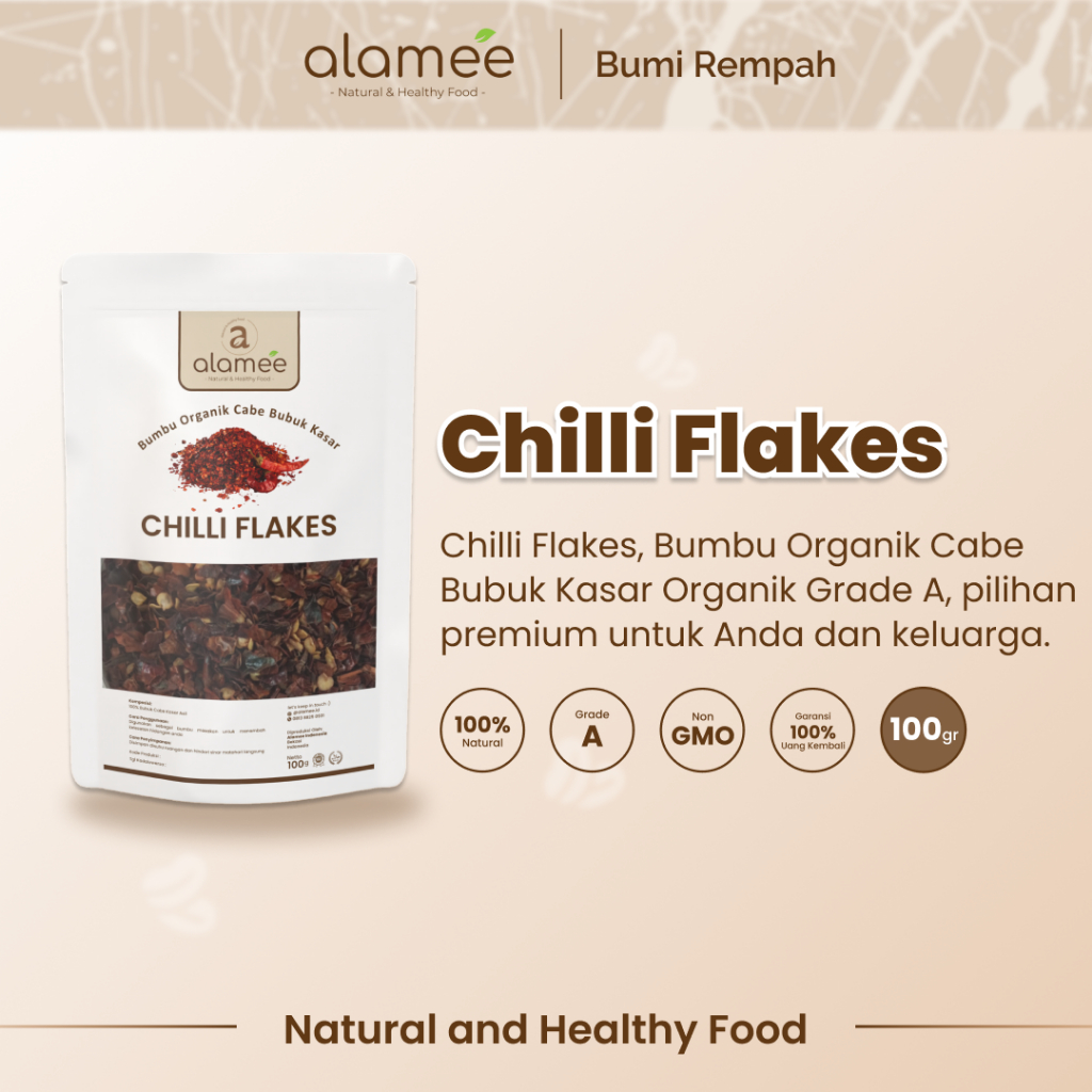 

ALAMEE Cabe Bubuk Kasar Chilli Flakes Cabai Bumbu Dapur Masak Organik Rempah Rimpang Murni Seasoning 100g