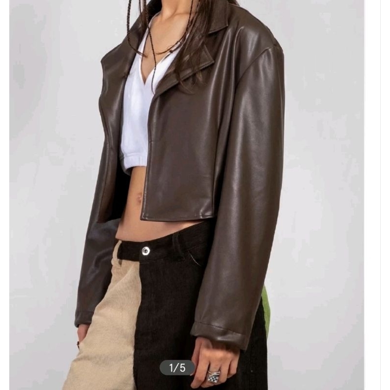 Jaket Kulit Wanita Blazer Crop Brown