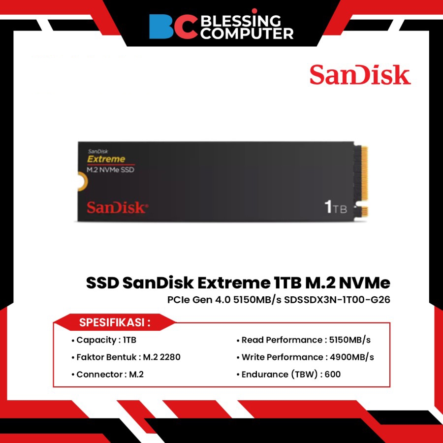 SSD SanDisk Extreme M.2 NVMe PCIe Gen 4.0 1TB 5150MB/s SDSSDX3N-1T00-G26