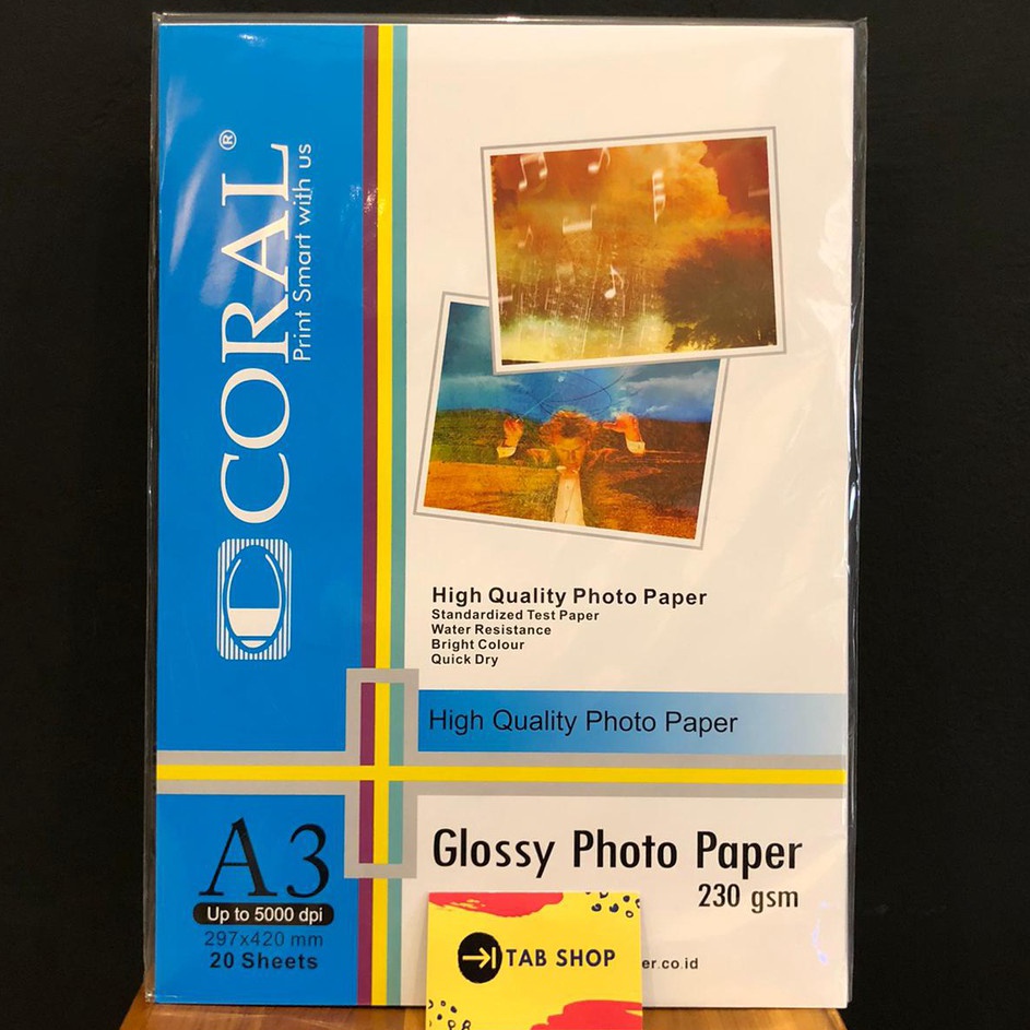 

KODE 7ESQ7 TAB SHOP CORAL GLOSSY PHOTO PAPER 23 GSM A3 2 SHEETS CORAL KERTAS FOTO GLOSY 23 GSM A3 2 SHEETS