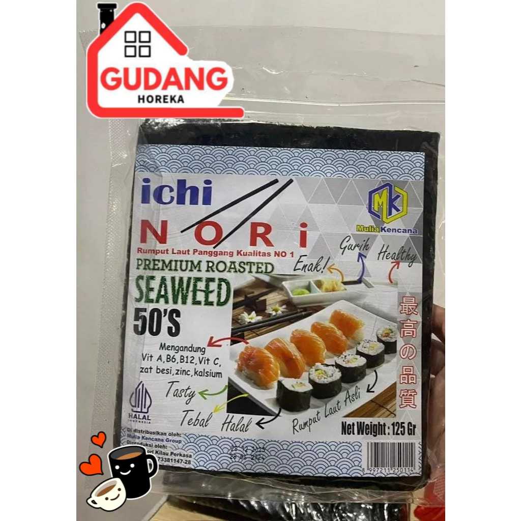 

ICHINORI SUSHI NORI 50 SHEET / SUSHI NORI 50 LEMBAR / SUSHI NORI GRADE A HIJAU GELAP SUSHI KIMBAB