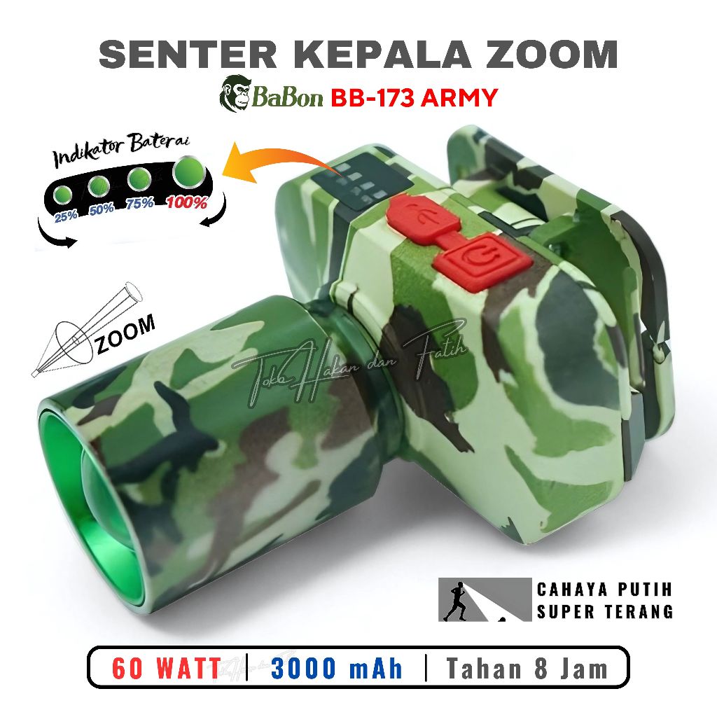 Terbaru Senter Kepala Zoom 60W Babon BB-173 Army Series Super Terang Murah Bisa COD | Senter Kepala 