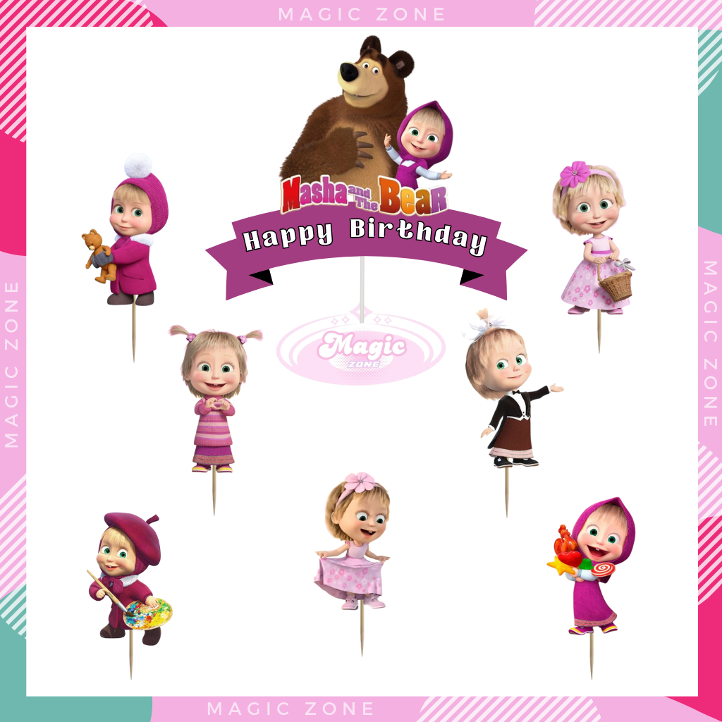 Topper Cake Karakter Kartun/ Hiasan Kue Ulang Tahun Tusukan Masha and the Bear