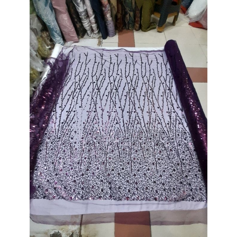 Kain tile akarn full payet sequen terbaru/kain tule payet sequen motif akar/kain brukat tile motif f